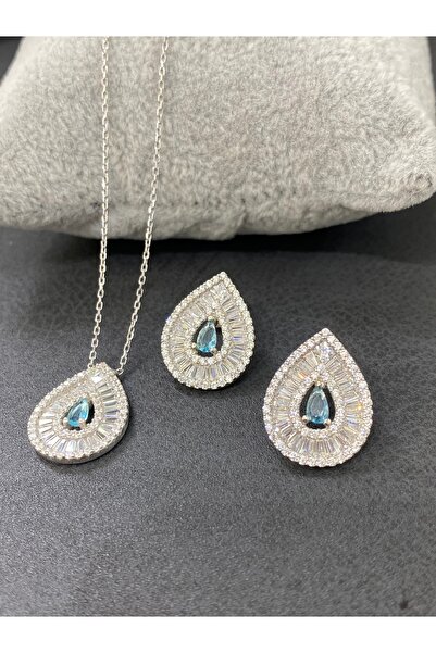 Damla kolye ve küpe baget taşlı gümüş set