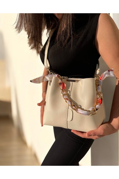 TokBag Geantă de mână și de umăr pentru femei, cu eșarfă crem, cu detaliu de ...