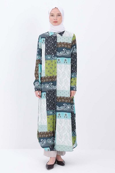 ALLDAY Green-White-Patterned Shirt Tunic