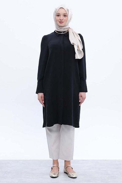 ALLDAY Black-Metal Button Detailed Placket Shirt Tunic