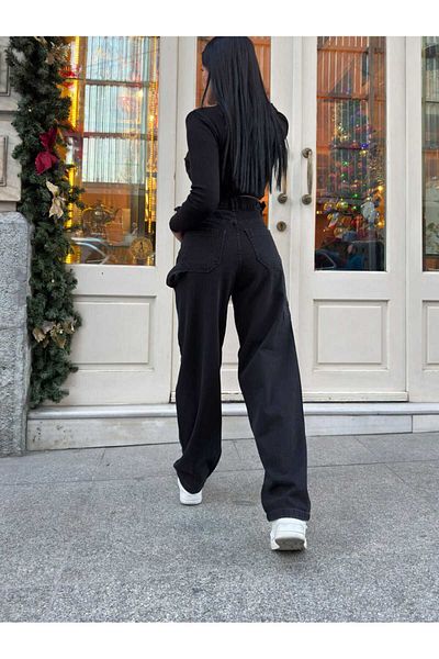 SHEVEGA Women's Black Side Buckle Wide Cut Baggy Baggy Leg Jeans Jeans Pants