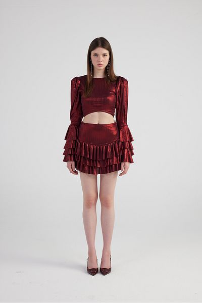 HOLLY LOLLY Burgundy Ruffle Shiny Fabric Skirt and Blouse Set