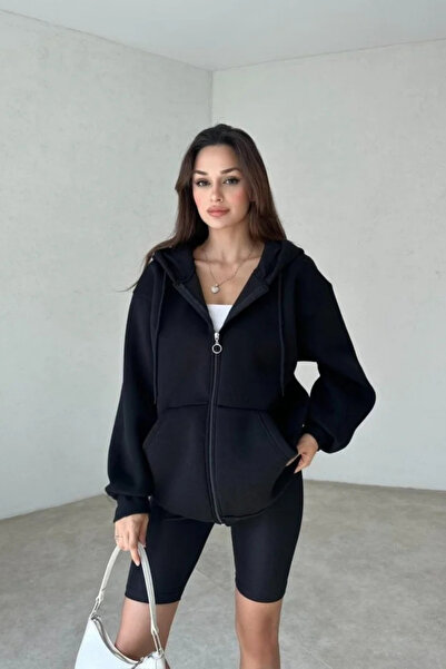 YAKAMEL Kadın 3 İplik Oversize Kapüşonlu Fermuarlı Hırka Sweatshirt