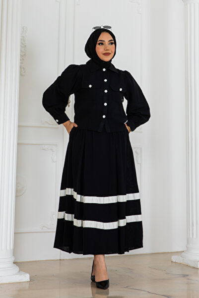 benguen Black Linen Set - Striped Skirt 2062