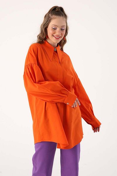 ALLDAY Orange-Oversize Pointed Collar Cotton Shirt Tunic