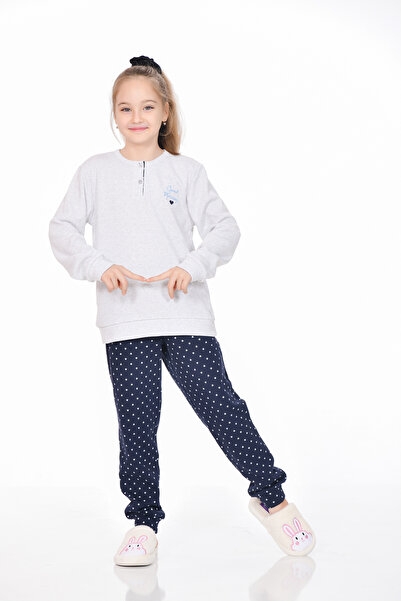 M MOONCOVER Mooncover Girls' Interlock Seasonal Pajama Set – Gray/Navy Blue