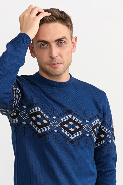 TUNAHAN ERKEK GİYİM Slimfit Kilim Desen Kazak 234-mavi
