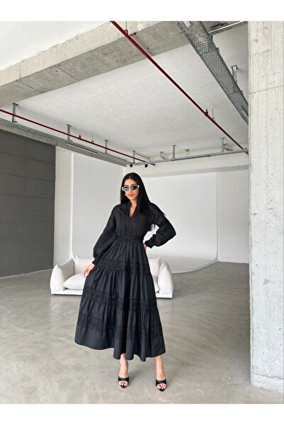 suphias İthal Poplin Kumaş& Dantel Güpür Detaylı Astarlı Elbise(Dantelli Kuşa...