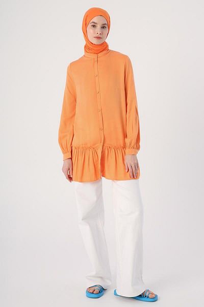 ALLDAY Soft Orange-Natural Fabric Skirt Ruffled Prevailing Collar Shirt Tunic