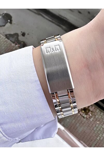 Q&Q Kadın Altın Gümüş Metal Kordon Çift Renkli Çerçeve Çizgi Göstergeli Kırmızı Iç Kadran Şık Kol Saati