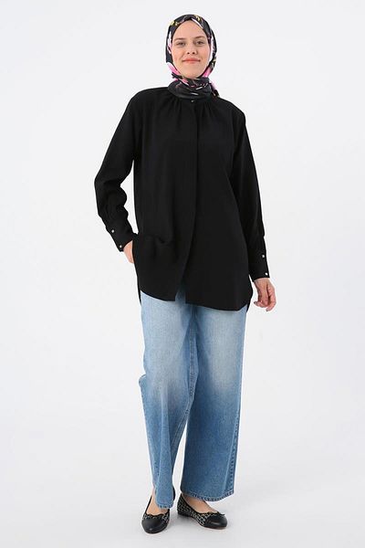 ALLDAY Black-Hand Collar Drawstring Sleeve Button Detail Shirt Tunic