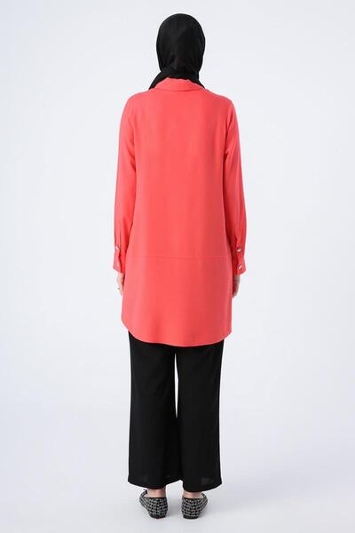 ALLDAY Nar Çiçeği-Gömlek Yaka Yarım Patlı Yırtmaçlı Arkası Uzun Tunik