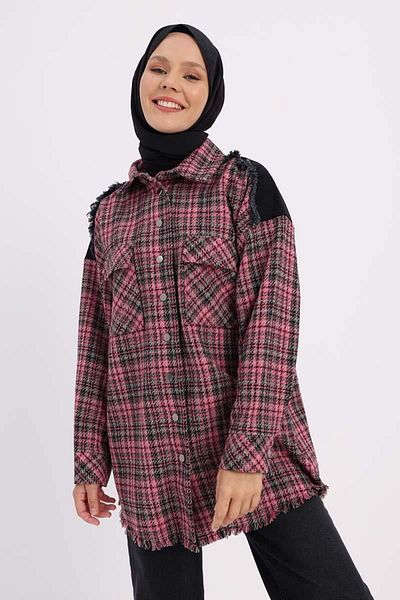 ALLDAY Pink-Black-Denim Garnished Tweed Shirt Tunic
