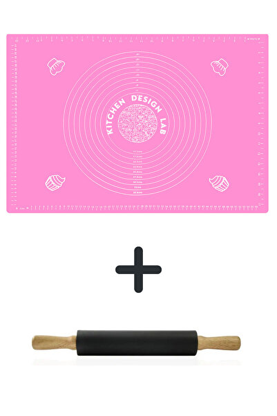 Atlas Mutfak Pink 45X65 cm Silicone Dough Rolling Mat and Black Classic Roller