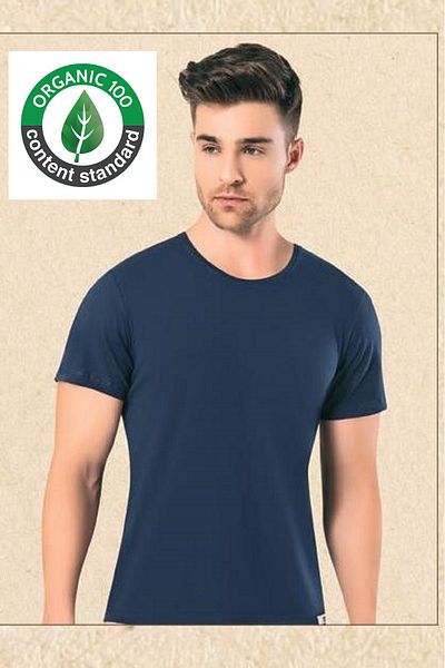 OMERA 2 Pieces, Organic Cotton & Lycra, Men's Round Neck T-Shirt & Undershirt, Navy Blue, Ocs Certified
