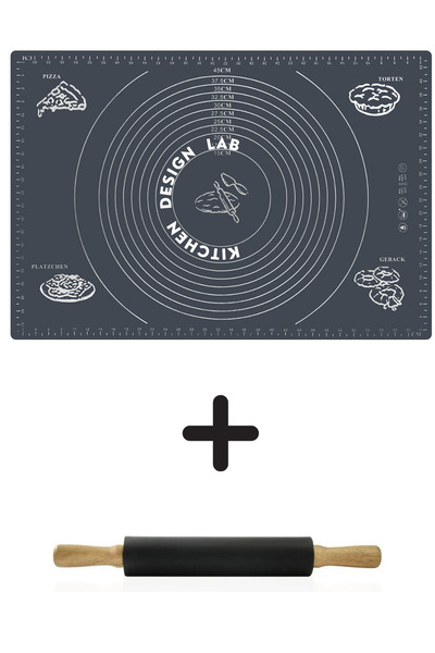 Atlas Mutfak Gray 45X65 cm Silicone Dough Rolling Mat and Black Classic Roller