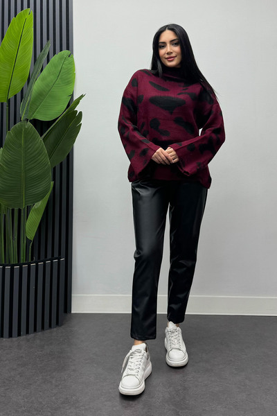 Swana Kadın Batik Desenli Bogazlı Triko Kazak- Bordo