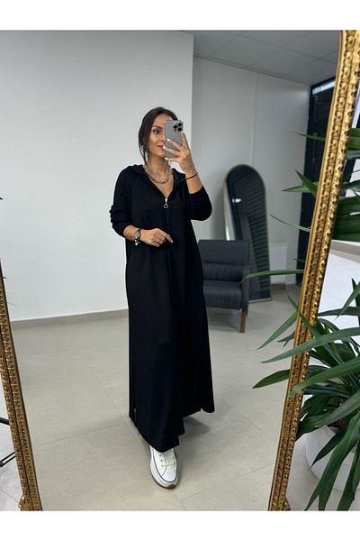 caddstore Dr 8137 Rochie modala cu gluga cu fermoar neagra