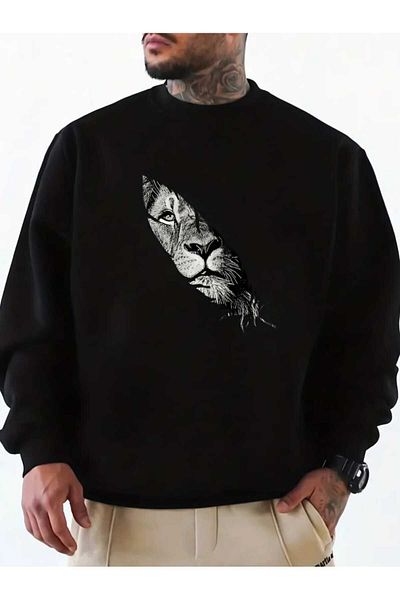 WOODROFFE Men's Lion Printed Black White Gray Crew Neck Oversize Sweatshirt