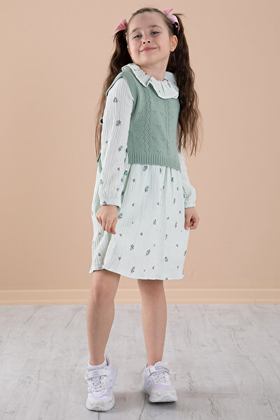 Cansın Mini Yeşil Çiçek Desenli Süveterli Kız Çocuk Elbise 20226