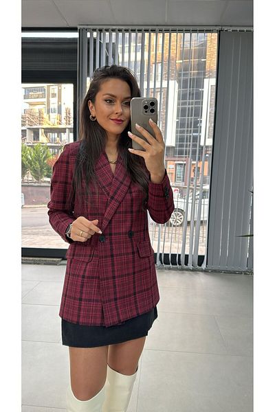 caddstore Jachetă blazer în carouri Foo Burgundy neagră