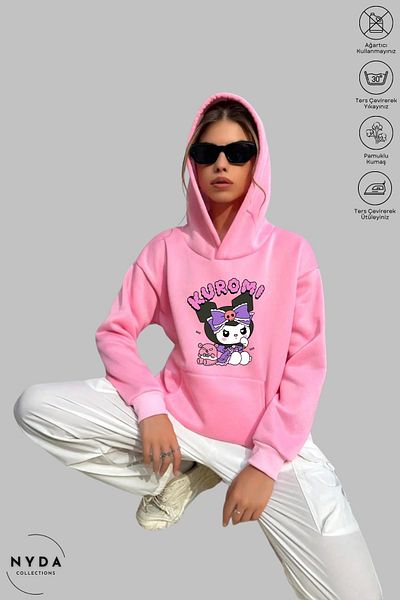 Nyda Collections Kuromi Anime Printed Long Sleeve Hoodie - Hooded Anime Sweatshirt, Oversize Cotton