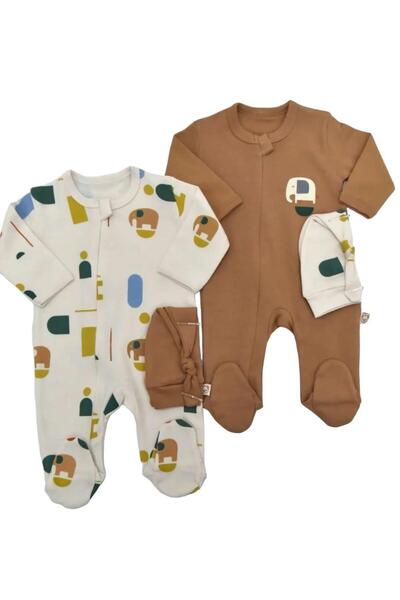 Butik 2’li Yenidoğan Tulum Seti - Modern Desenli ve Fil Tasarımlı Şapkalı Beb...