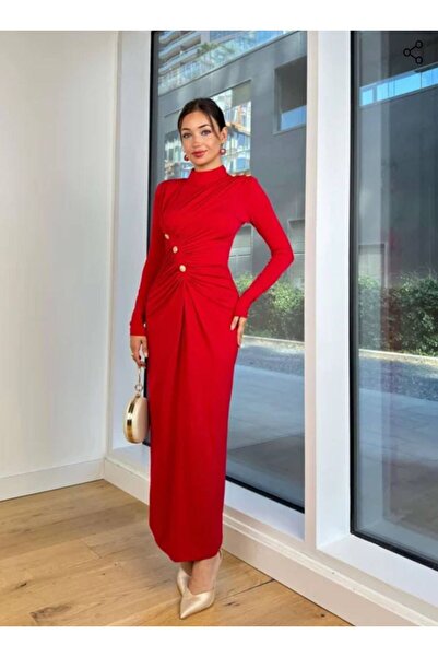 MODA GOLD DÜĞME DETAYLI DRAPELİ UZUN BORDO ELBİSE