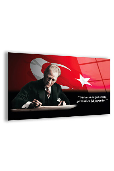 Zevahir Mobilya Dekorasyon Çerçevesiz Yatay Türk Bayrağı Arka Planlı Mustafa Kemal Atatürk Kırılmaz Cam Tablo