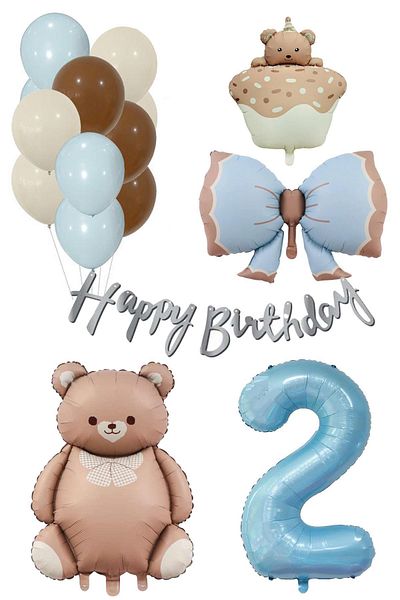 Patladı Gitti Retro 2 Year Old Teddy Bear Themed Baby Boy Concept Birthday Set