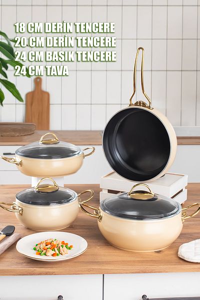Lines L-5094-1 Clover Hot Pot 7-Piece Globe Cookware Set - Cream Gold Handle