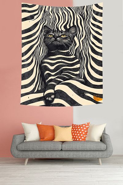 on the clouds Retro Geometric Striped Cat Stain Resistant Tapestry - Wall Tapestry