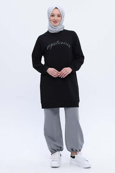 ALLDAY Black-Cotton Raglan Sleeve Chain Embroidered Sweat Tunic