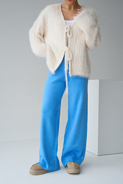 LOOSH Kadın Mavi Yüksek Bel Lastik Detaylı Geniş Paça Triko Pantolon