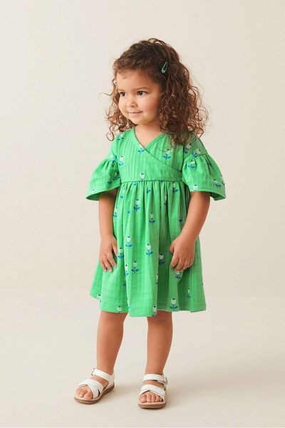 Magu Girl's Green Tulip Patterned Cotton Dress