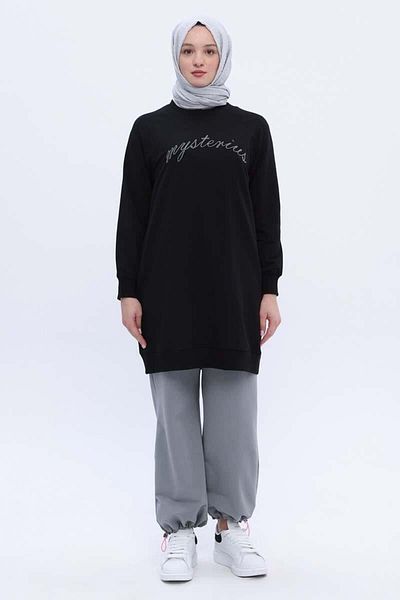 ALLDAY Black-Cotton Raglan Sleeve Chain Embroidered Sweat Tunic