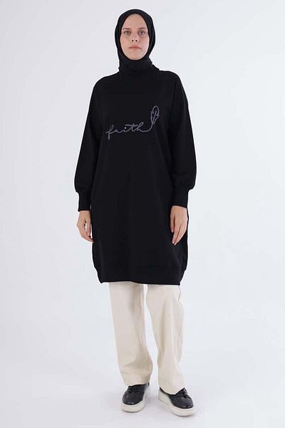 ALLDAY Black-Faıth Written Embroidered Sweat Tunic