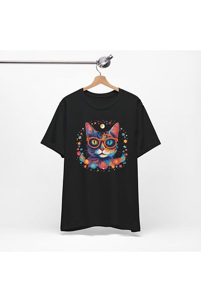 IVART Πολύχρωμα γυαλιά γάτα με στάμπα -unisex -100% βαμβακερό κοντό μανίκι κανονικό μαύρο μπλουζάκι