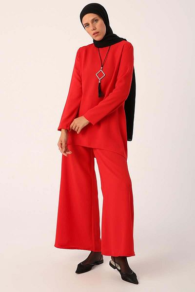 ALLDAY Red Necklace Wide Leg Trousers Tunic Suit