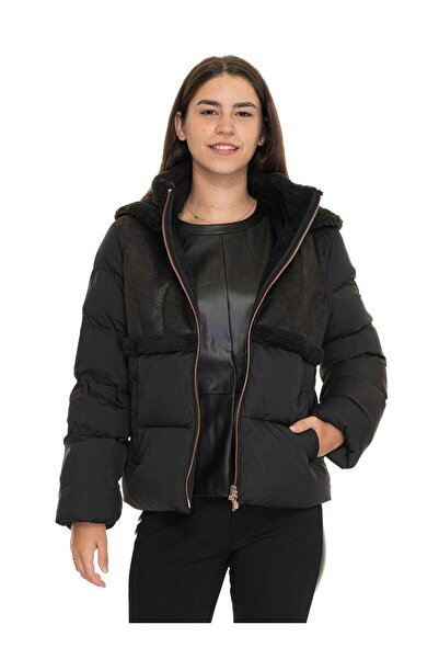 EA7 Kadın Koyun Postu Efektli Kumaş Rüzgara Dayanıklı Kapüşonlu Siyah Ceket 6DTB13 TNAWZ-1200