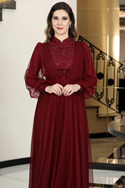 modapodyum فستان سهرة حجاب سيران بورجوندي