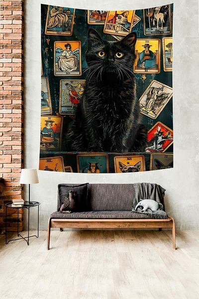 on the clouds Cute Black Cat Patterned Non-Stick Fabric Wall Tapestry - Tarot Cards Carpet