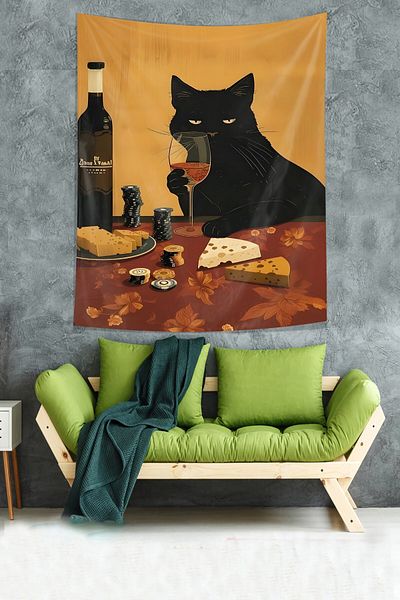 on the clouds Black Cat Blend Carpet - Wine Shop, Stain-Proof and Heal Fabric Wall Cover Tapestry