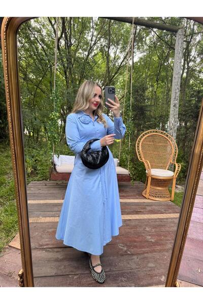 Byelifdursun Premium Fk Tasarım Gül Detaylı Elbise Mavi