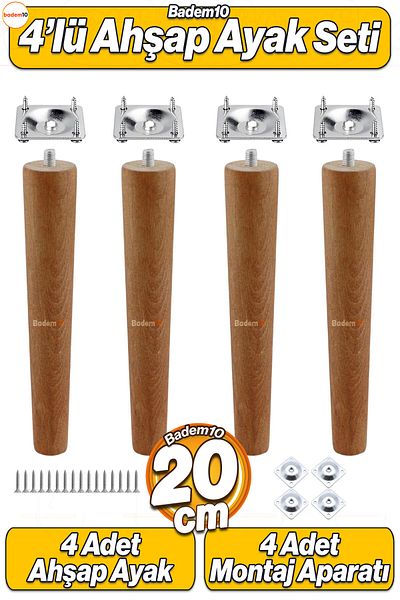 Badem10 Set de 4 din lemn 20 cm Mobilier Fotoliu Canapea Masă de cafea Picior de masă M8 cu dispozitiv de fixare cu șuruburi