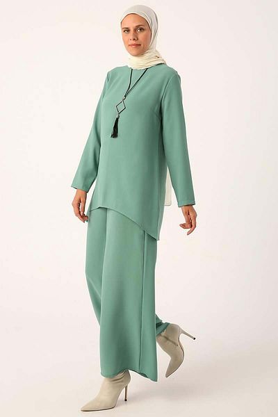 ALLDAY Green Necklace Wide Leg Trousers Tunic Suit