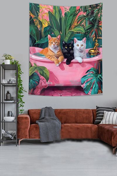 on the clouds Ταπετσαρία τοίχου Pink Cats Stain-Resistant - Tapestry in the Bathtub