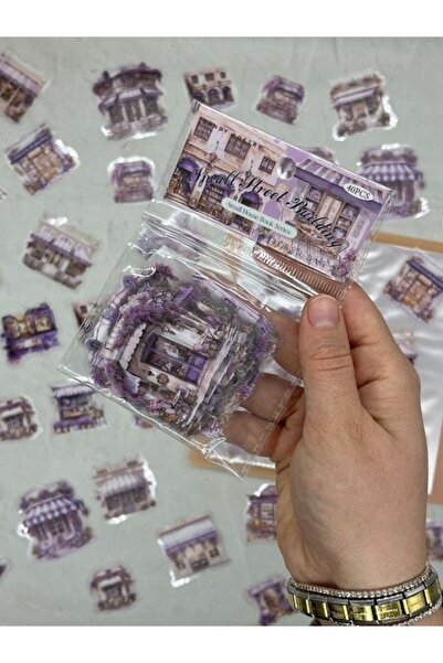 Kağıt Gemi Dükkan Small Street Building Ev Temalı Mor 40 Adet Pet Sticker Set...