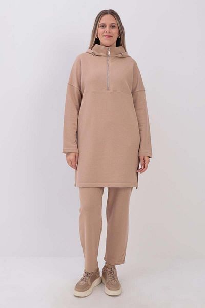 ALLDAY Beige-Robe Hooded Pants Suit