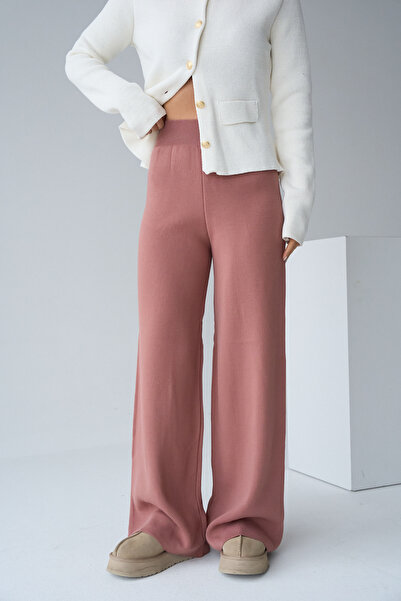 LOOSH Kadın Gül Kurusu Yüksek Bel Lastik Detaylı Geniş Paça Triko Pantolon